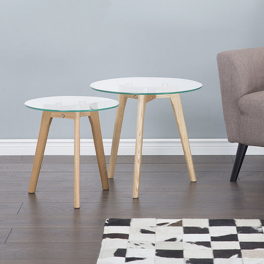 Nest Of 2 Round Glass Top Tables With Light Wood Legs