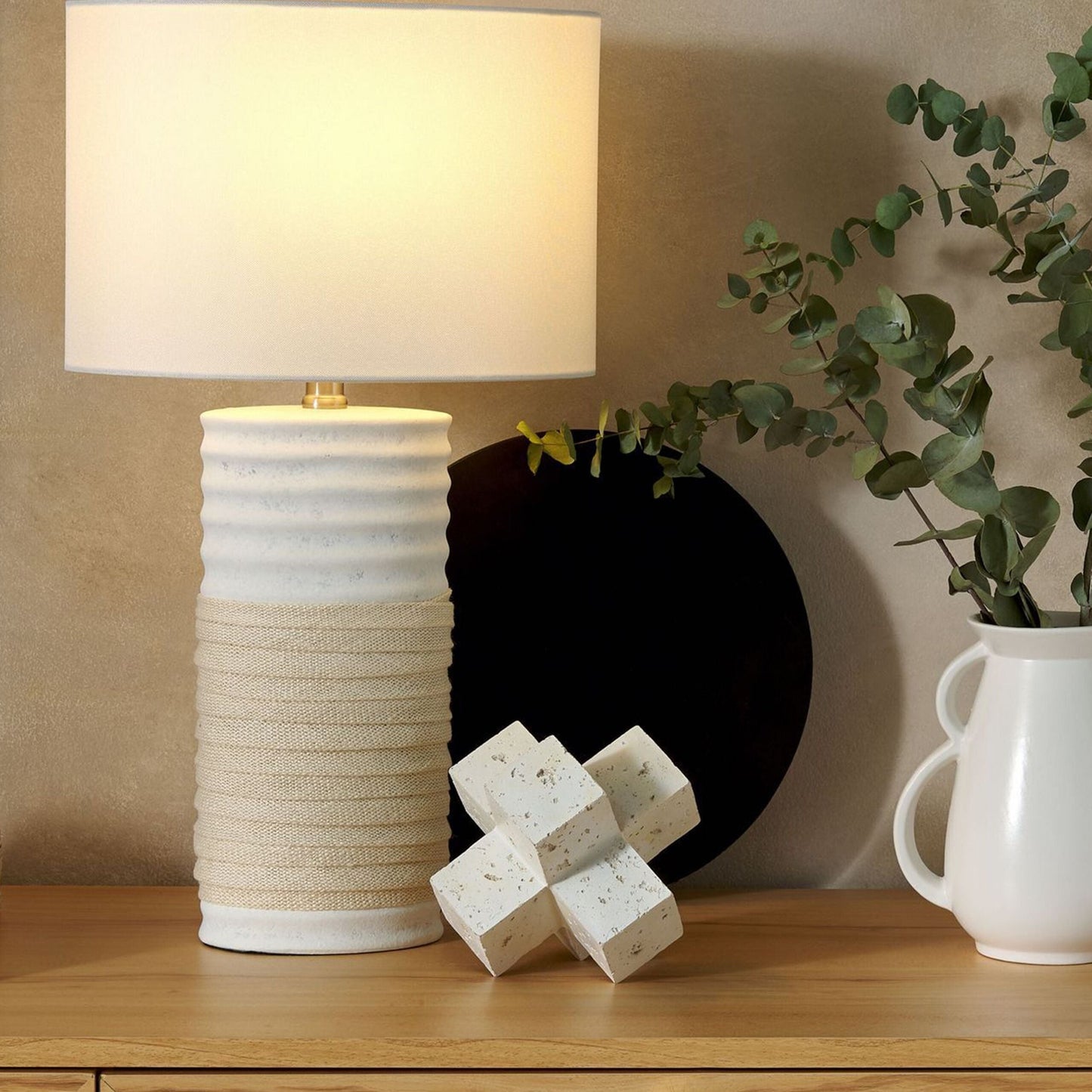 Table Lamp Beige Ceramic Base Linen Drum Shade Bedside