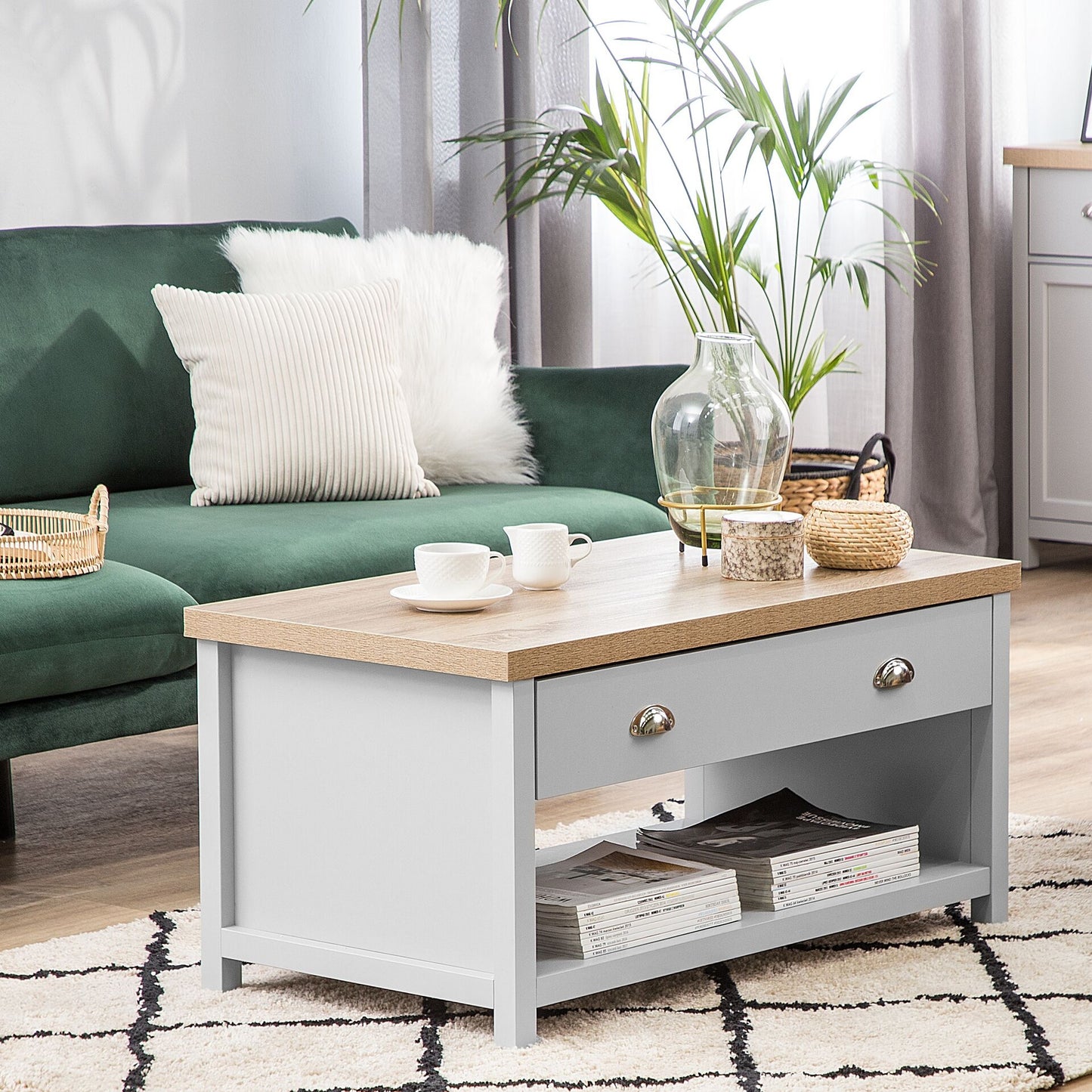 Coffee Table Grey Light Brown 99 x 55cm Drawer