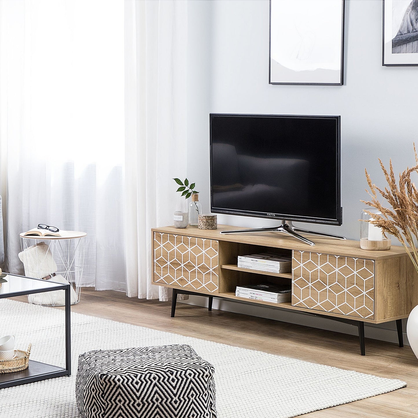 Light Brown TV Stand For 60 Inch TV With 2 Cabinets Open Shelf