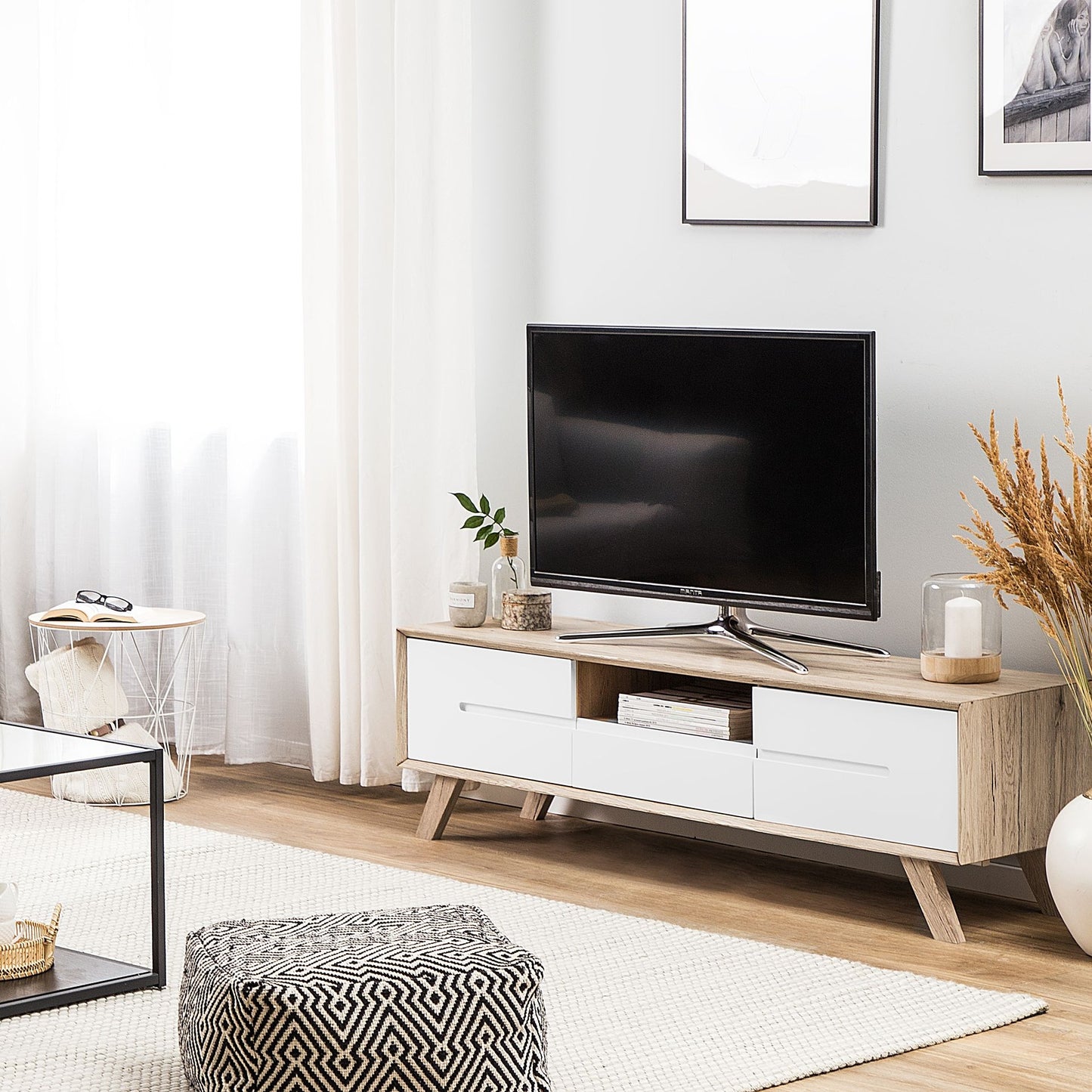 TV Stand White And Light Brown Veneer With 2 Cabinets