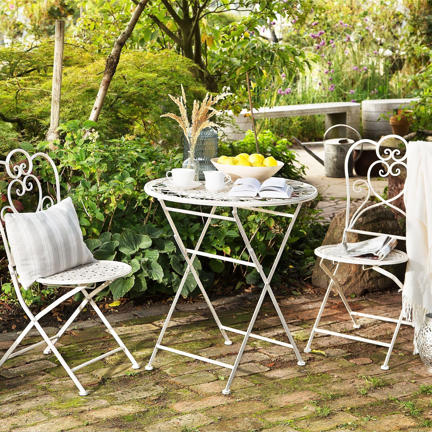 Provence Home Beige Bistro Set 2 Chairs Table Shabby Chic
