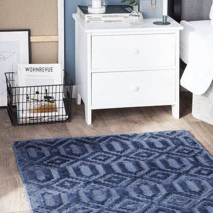 Blue Viscose Hand Woven Geometric Flatweave Rug 80 X 150cm