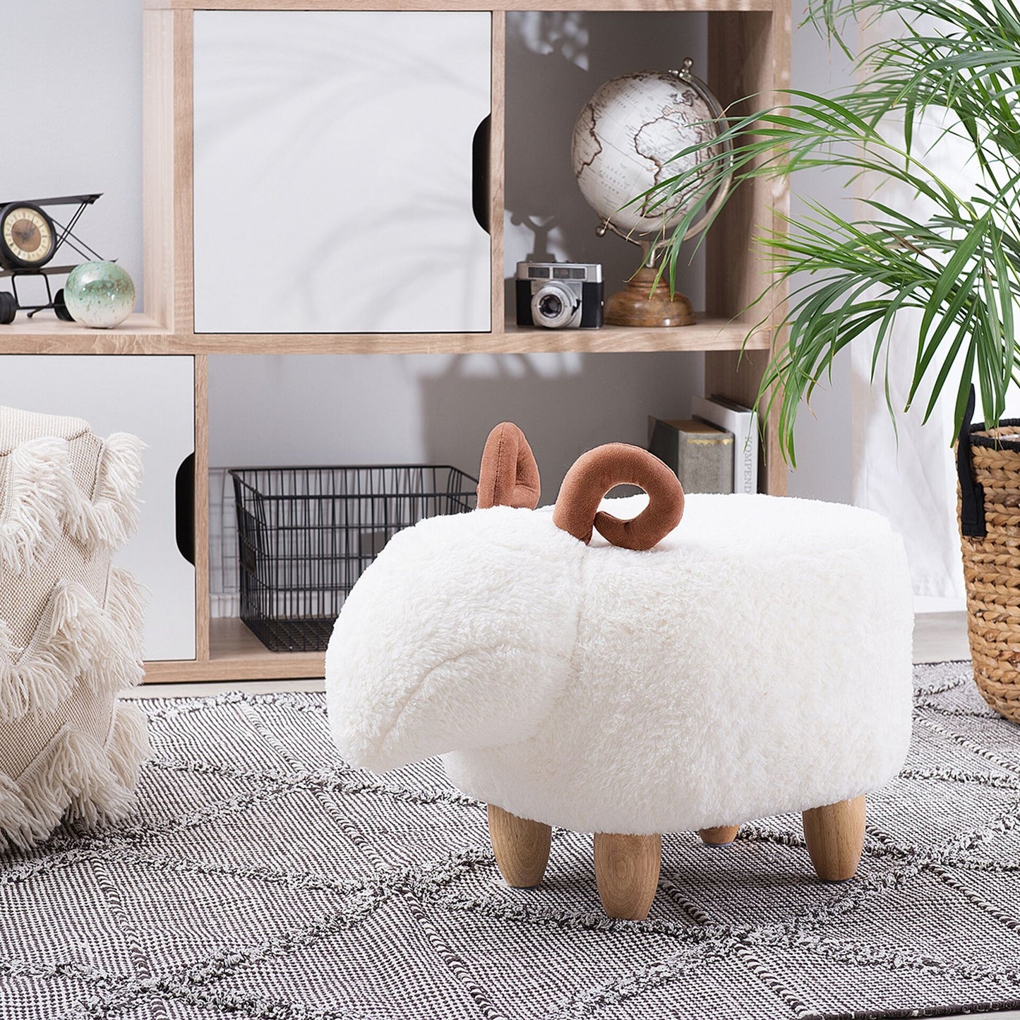 Animal Lamb Shaped Kids Stool White Polyester Upholstered Wooden Legs