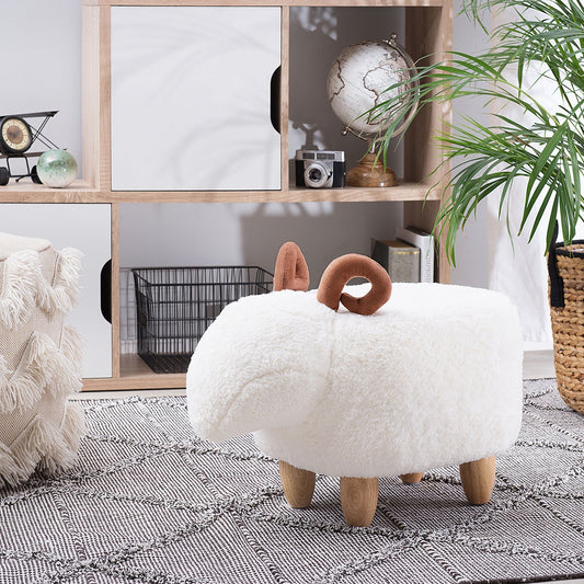 Animal Lamb Shaped Kids Stool White Polyester Upholstered Wooden Legs