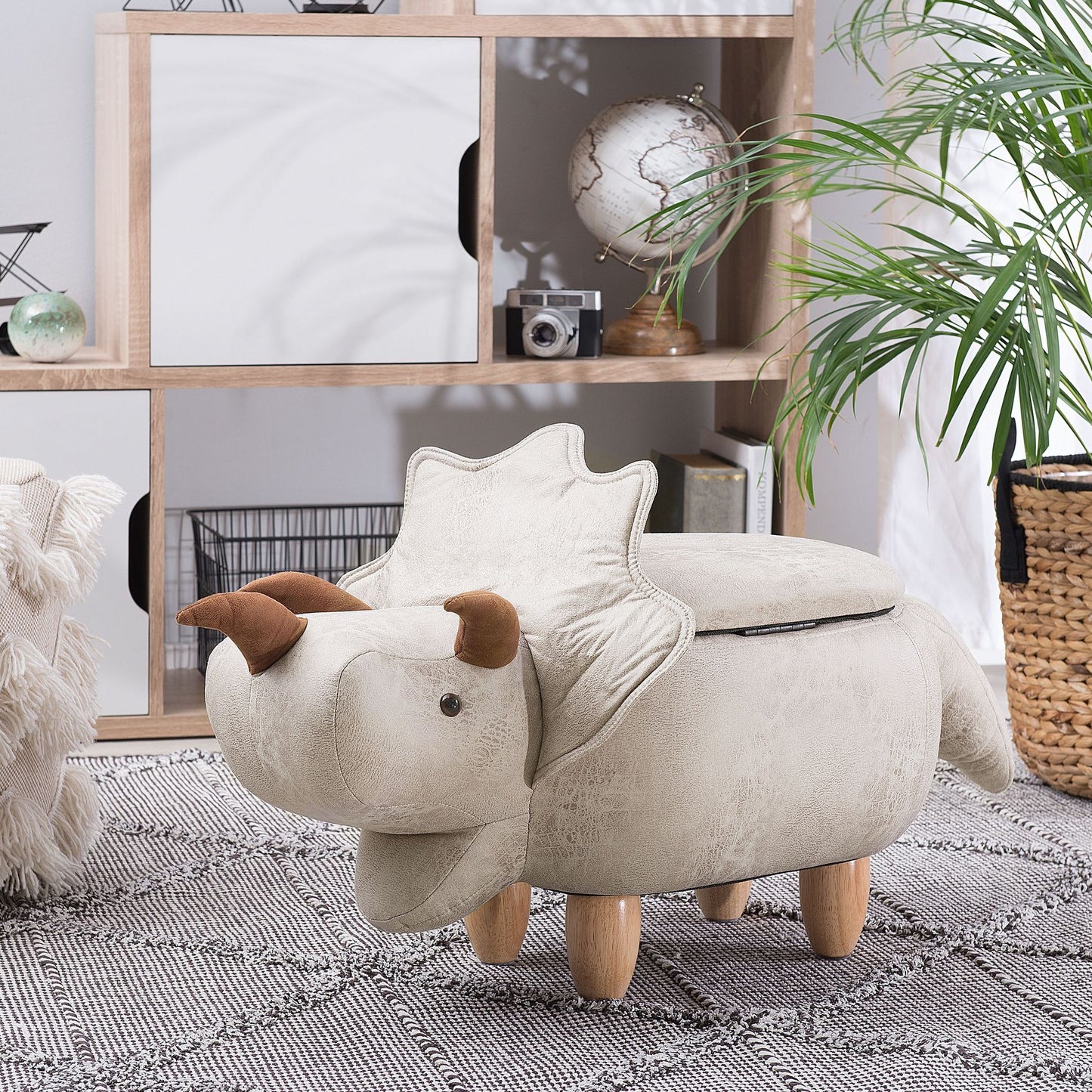 Animal Triceratops Kids Stool Storage Light Grey Upholstered Legs