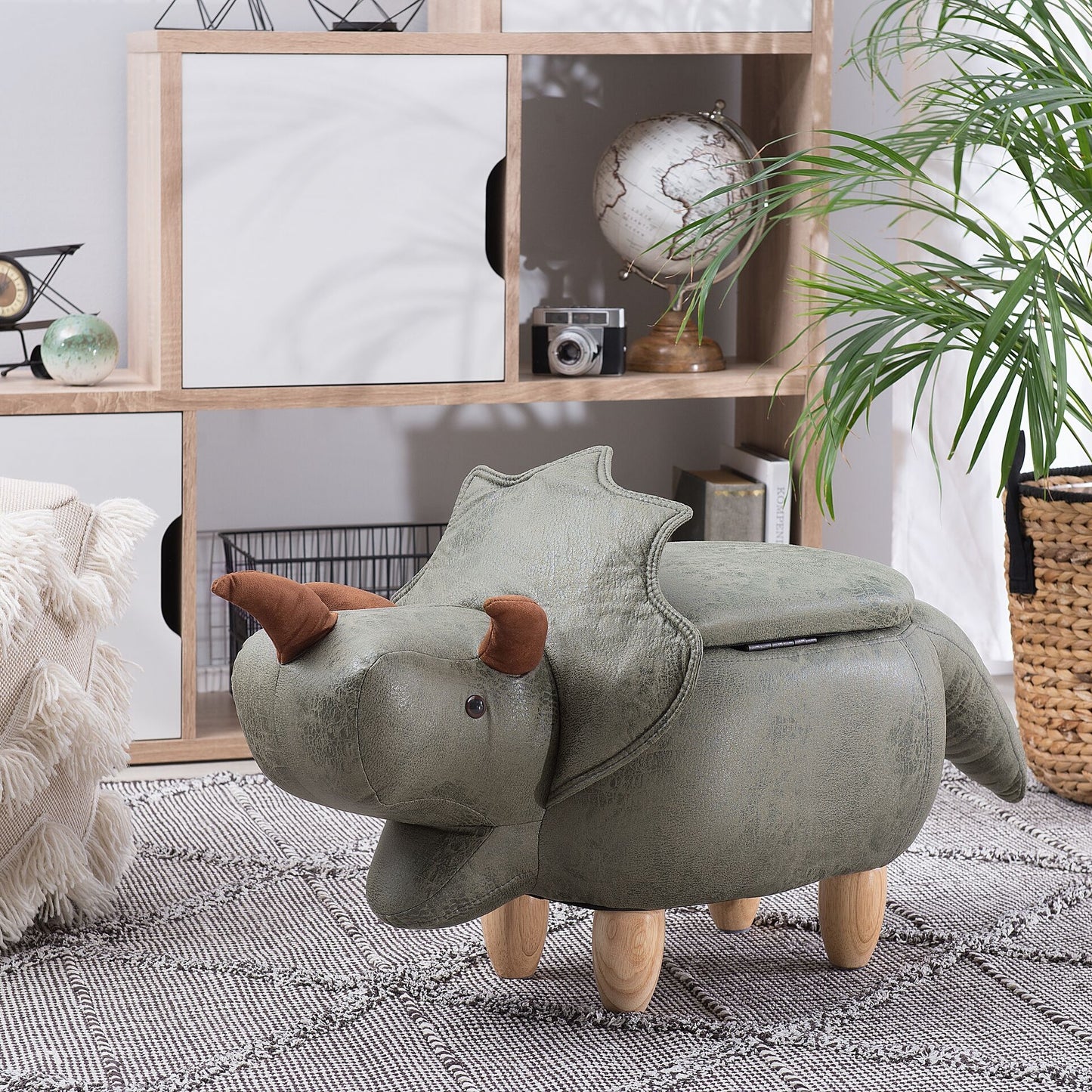 Animal Triceratops Kids Stool Dark Green Polyester Upholstered Storage Footstool