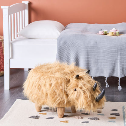 Rhino Kids Stool Sand Beige Faux Fur Upholstered Nursery Footstool With Wooden Legs