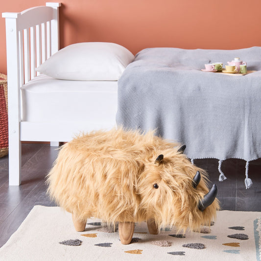 Rhino Kids Stool Sand Beige Faux Fur Upholstered Nursery Footstool With Wooden Legs