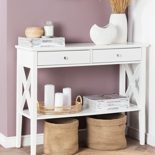 Console Table White 2 Drawers 100 x 35cm Retro Design