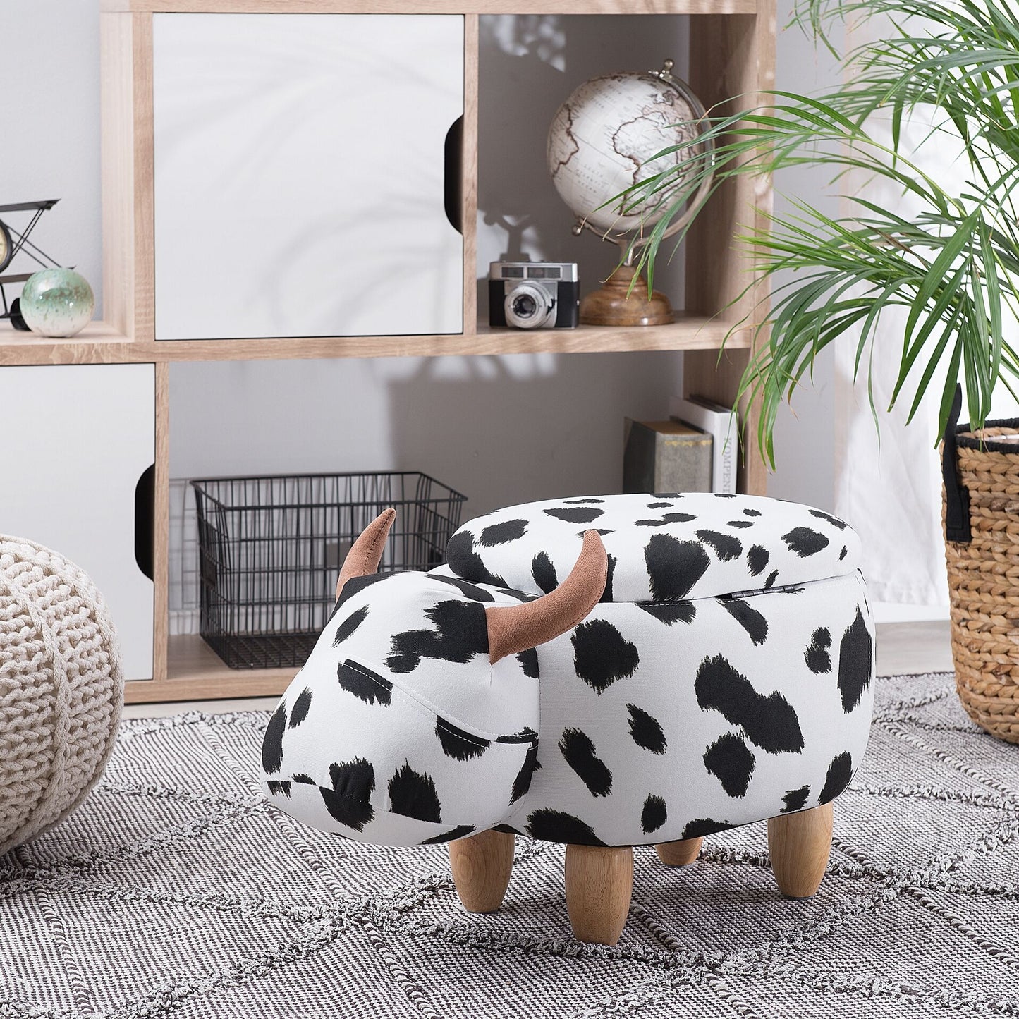 Cow Storage Stool Black White Faux Leather Wooden Legs