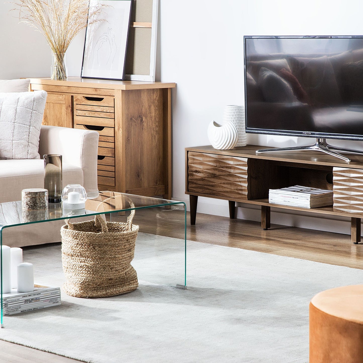 Dark Brown TV Stand For 75 Inch Televisions With Two Cabinets And Wide Top Shelf
