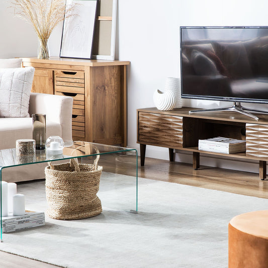 Dark Brown TV Stand For 75 Inch Televisions With Two Cabinets And Wide Top Shelf