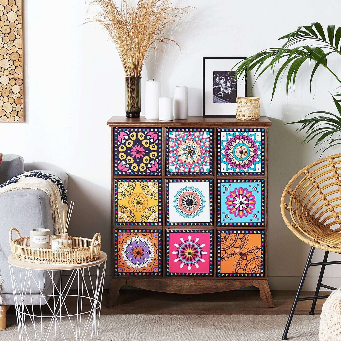 Sideboard Multicolour Moroccan Style 9-Drawer Vintage Boho Cabinet for Living Room
