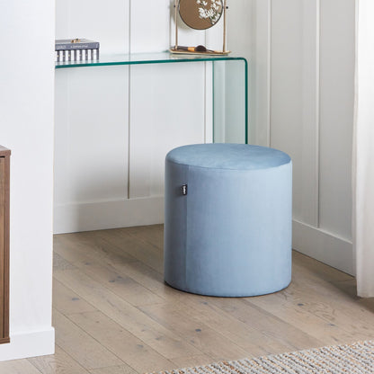 Avenue Velvet Round Light Blue Ottoman Pouffe