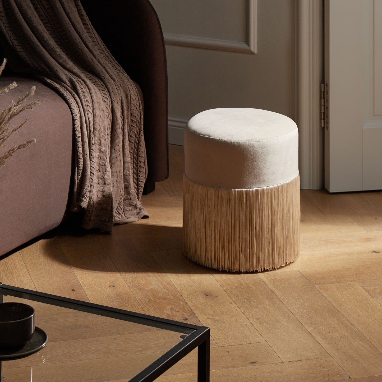 Velvet Beige Round Ottoman Pouffe With Tassels