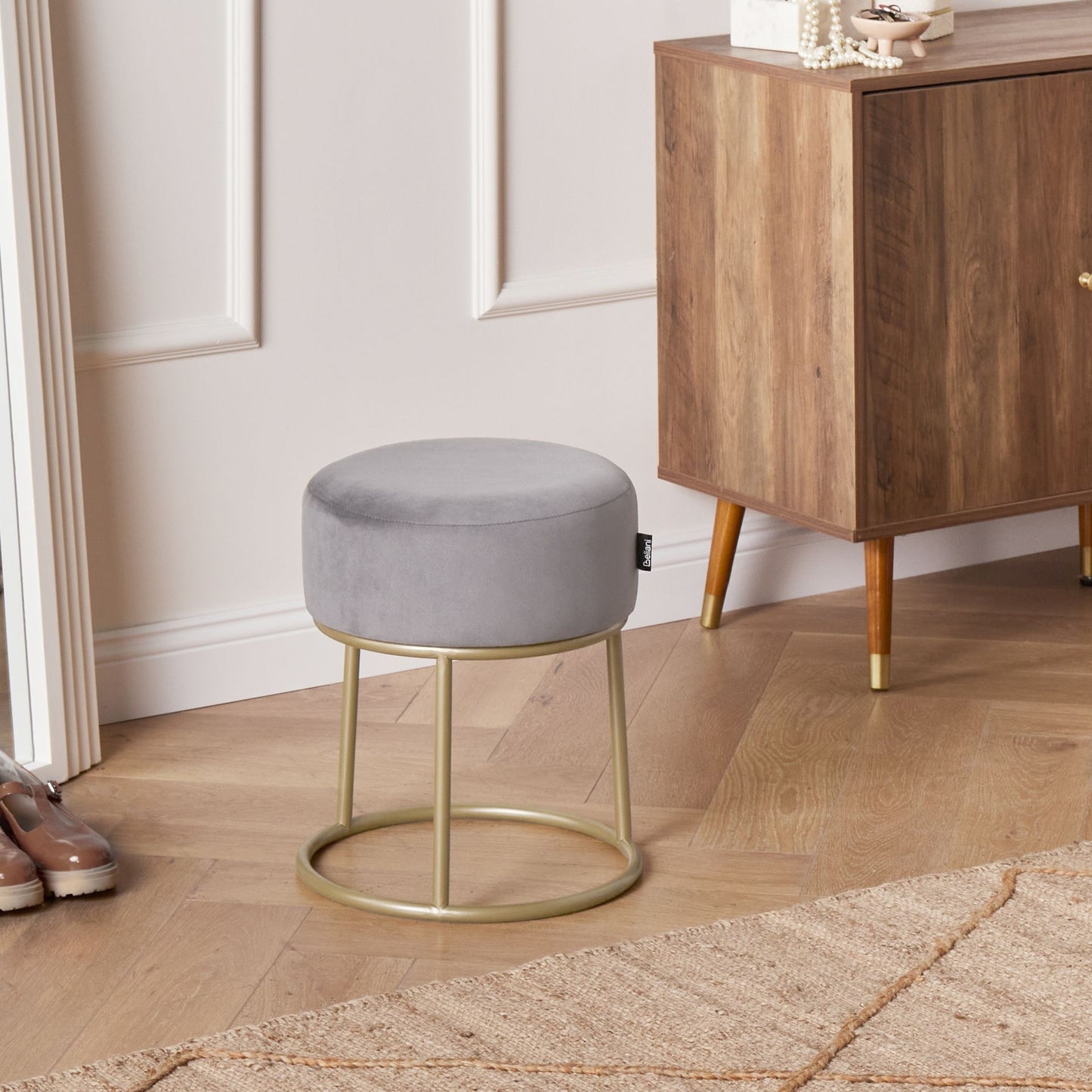 Grey Velvet Footstool With Gold Metal Base Modern Glam Home Accent Statement Piece
