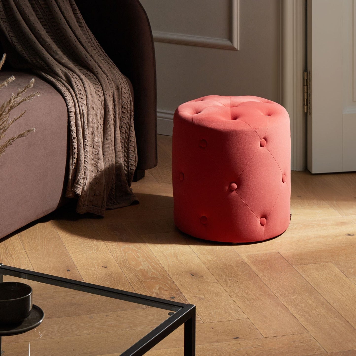 Round Tufted Coral Red Velvet Chesterfield Ottoman Pouffe