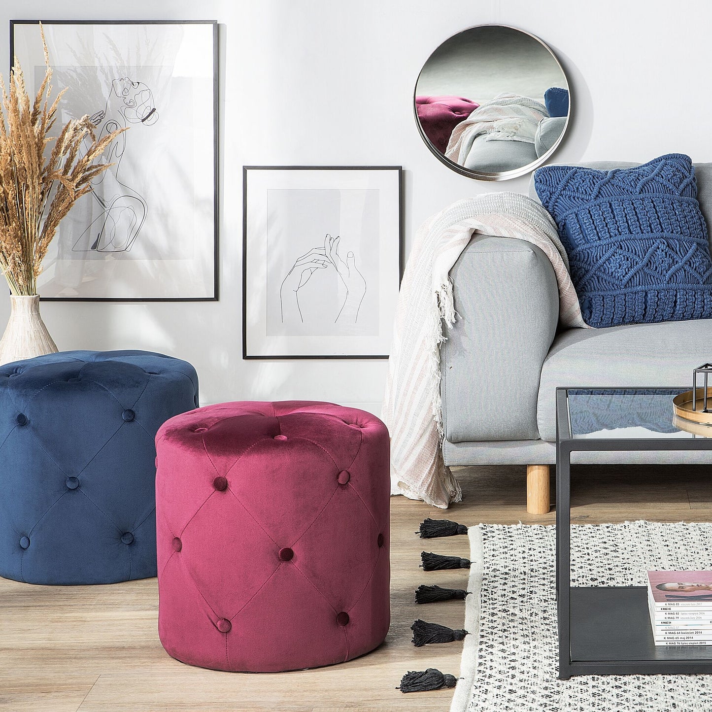 Chesterfield Velvet Round Tufted Navy Quilted Ottoman Pouffe