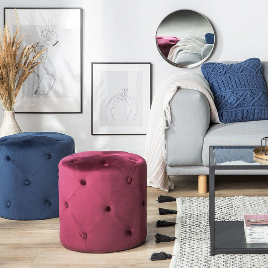 Chesterfield Velvet Round Tufted Navy Quilted Ottoman Pouffe