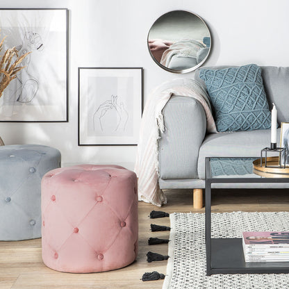 Round Tufted Light Grey Ottoman Pouffe Chesterfield