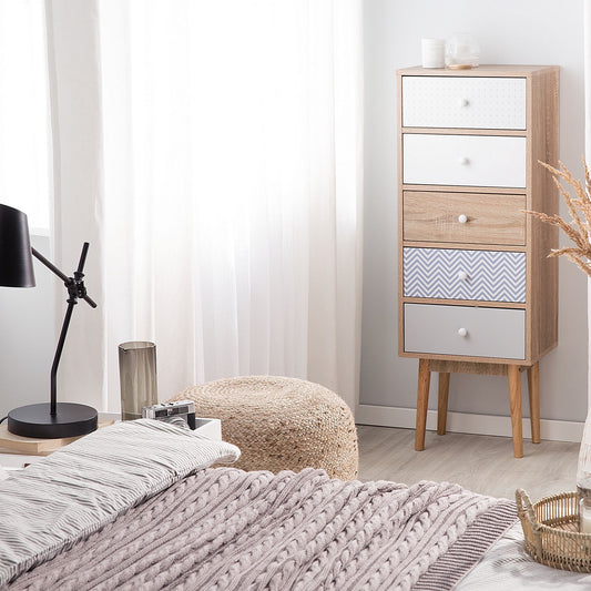 Five Drawer Chest Light Brown White Grey Scandinavian Design