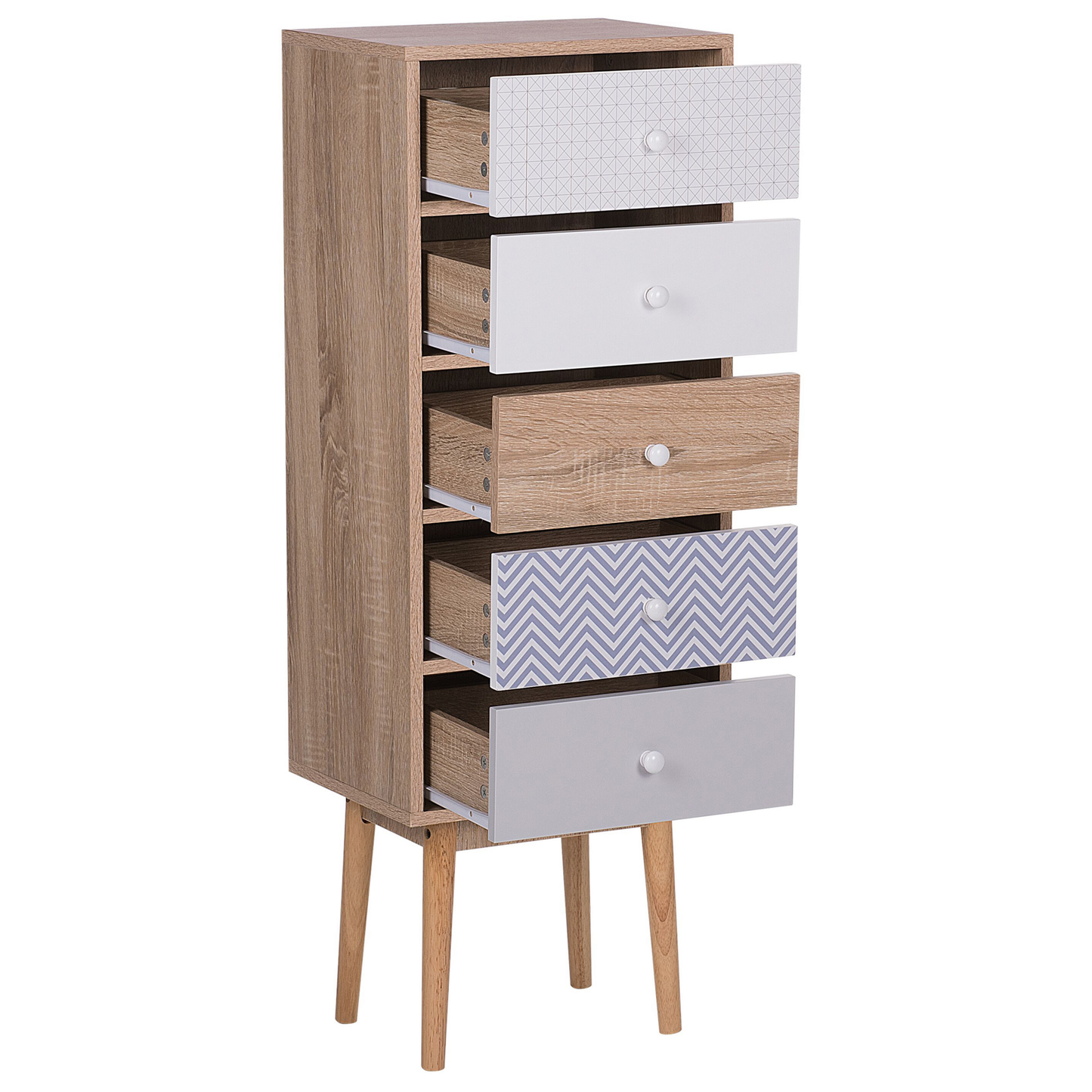 Five Drawer Chest Light Brown White Grey Scandinavian Design