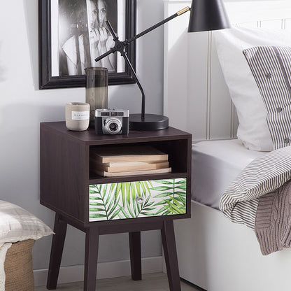 Bedside Nightstand Dark Brown Floral Pattern 1 Drawer