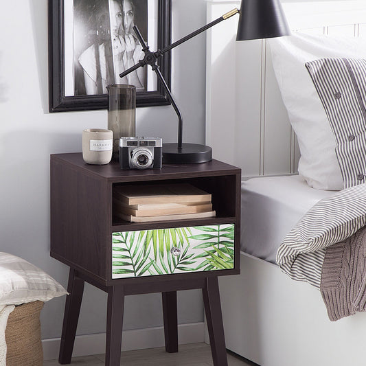 Bedside Nightstand Dark Brown Floral Pattern 1 Drawer