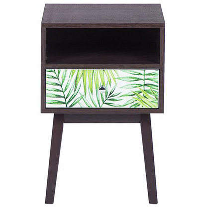 Bedside Nightstand Dark Brown Floral Pattern 1 Drawer