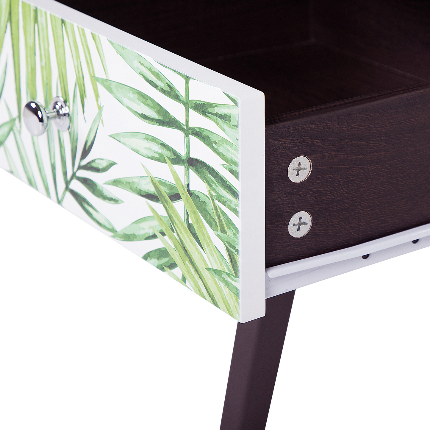 Bedside Nightstand Dark Brown Floral Pattern 1 Drawer