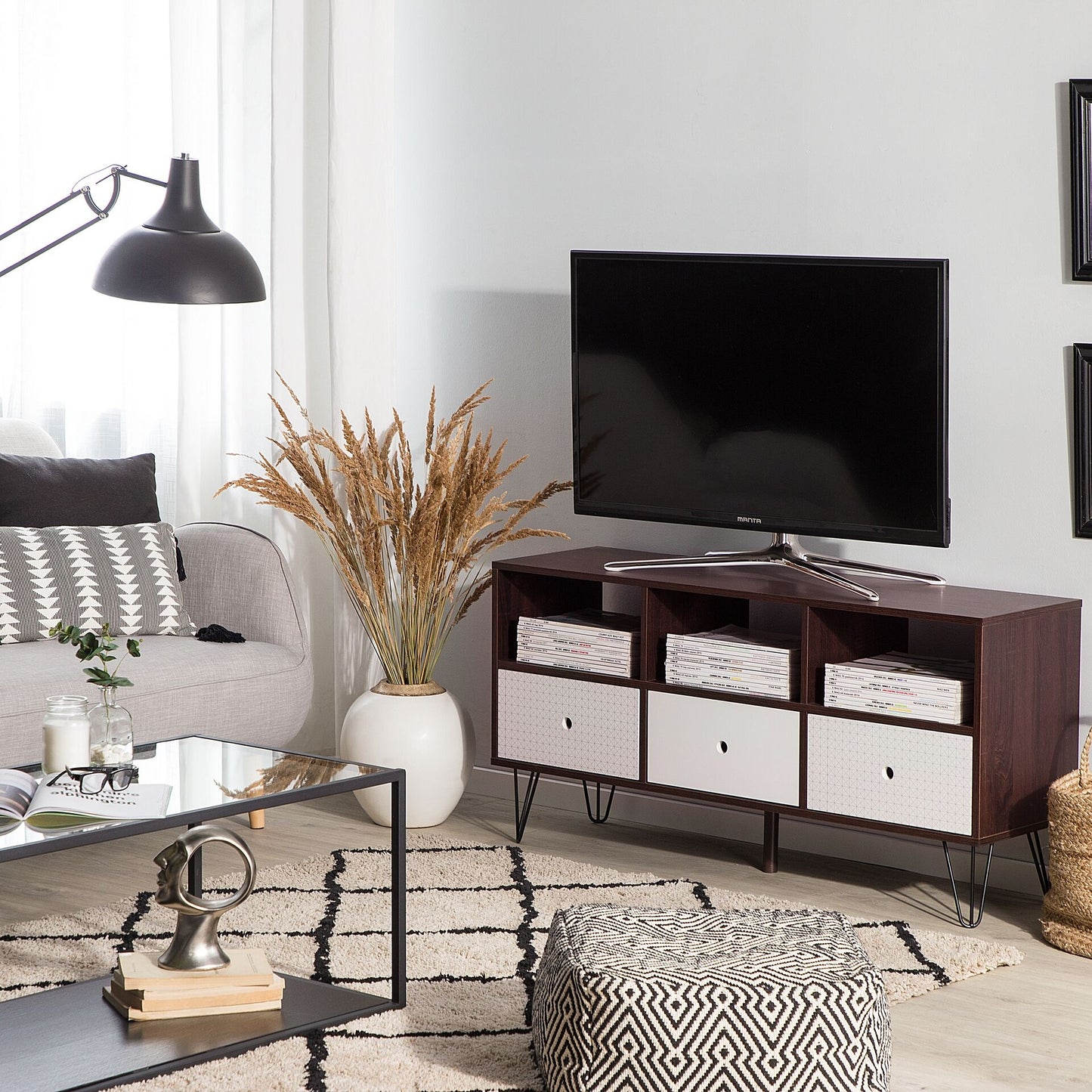 Modern TV Stand Dark Brown With White Accents For Up To 50 Inch TV 3 Drawers