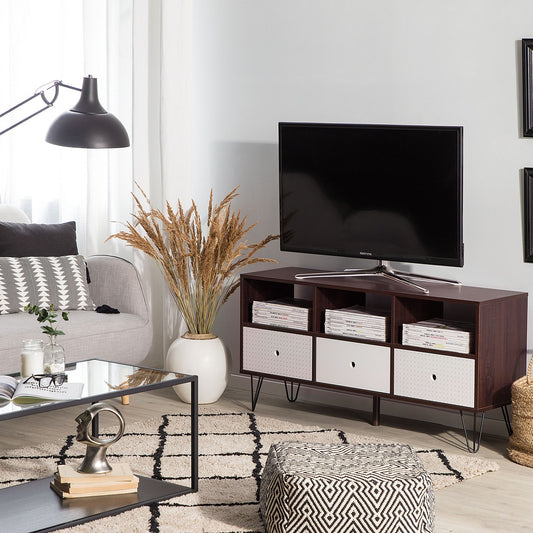 Modern TV Stand Dark Brown With White Accents For Up To 50 Inch TV 3 Drawers