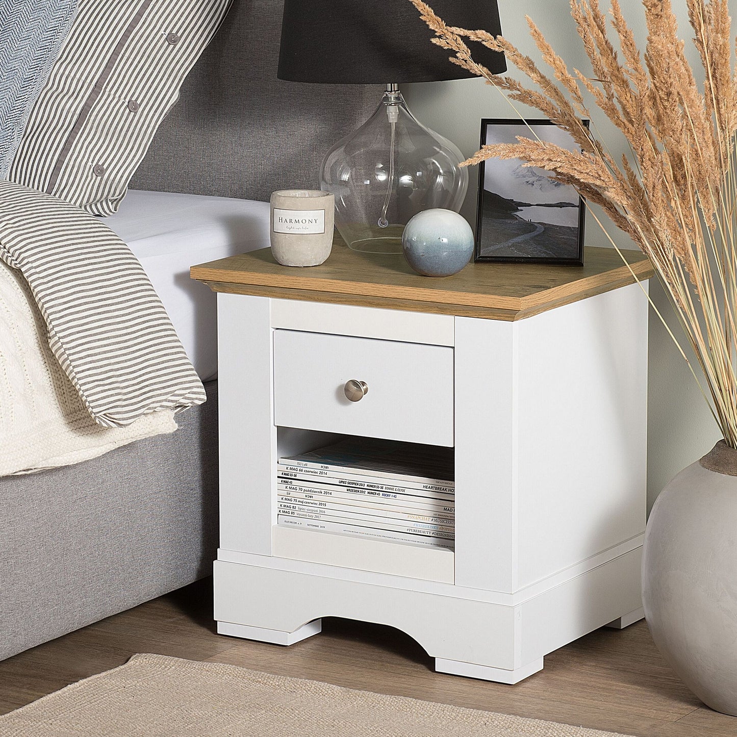 White Nightstand With Light Wood Top 1 Drawer And Open Shelf For Bedside