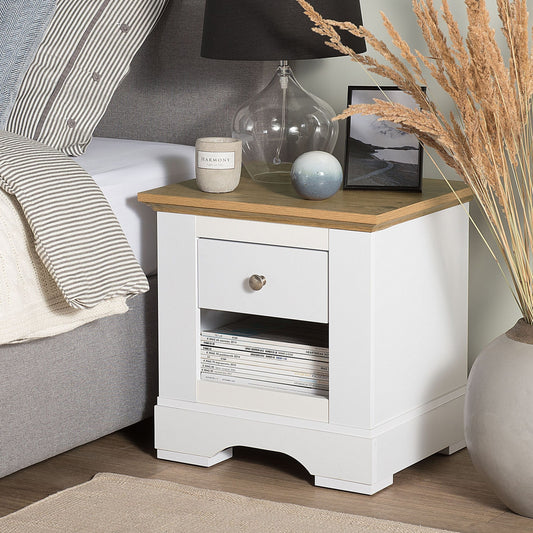 White Nightstand With Light Wood Top 1 Drawer And Open Shelf For Bedside
