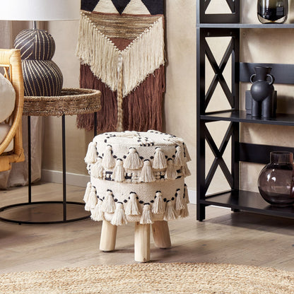 Beige Boho Footstool With Black Cotton Knit Tassels