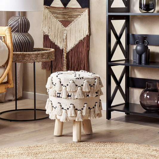 Beige Boho Footstool With Black Cotton Knit Tassels