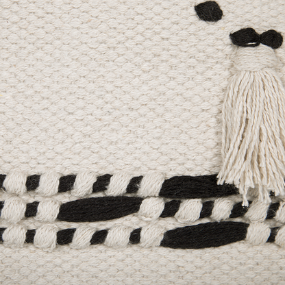 Beige Boho Footstool With Black Cotton Knit Tassels
