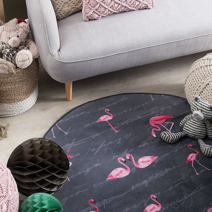 Kids Round Rug Grey Pink Flamingos Low Pile 120cm