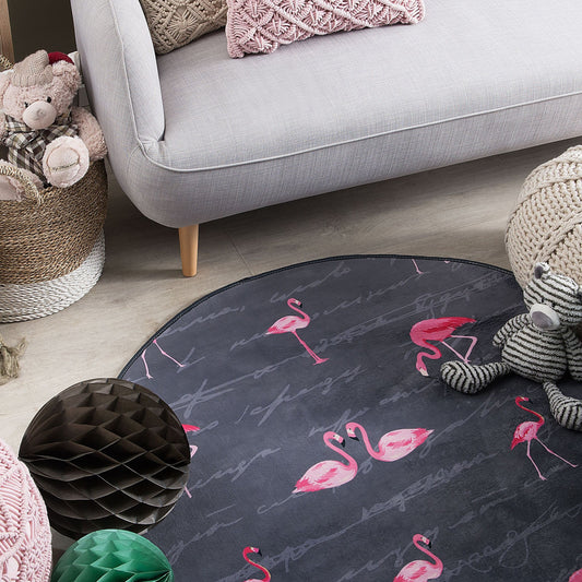 Kids Round Rug Grey Pink Flamingos Low Pile 120cm