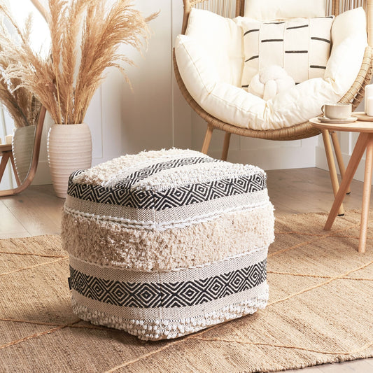 Pouffe Light Beige Cotton Geometric Pattern Boho Style