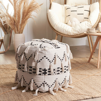 Pouffe Beige With Black Cotton Knit Tassels