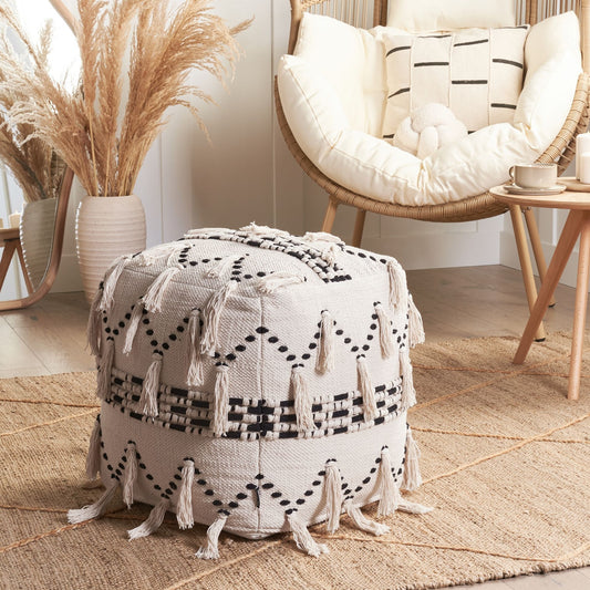 Pouffe Beige With Black Cotton Knit Tassels