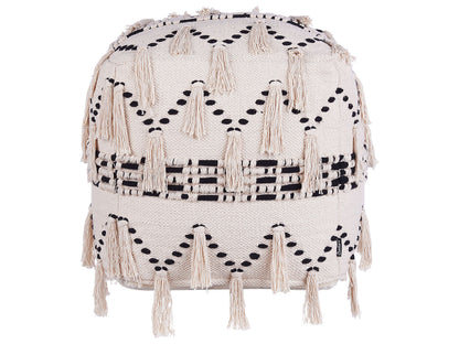 Pouffe Beige With Black Cotton Knit Tassels