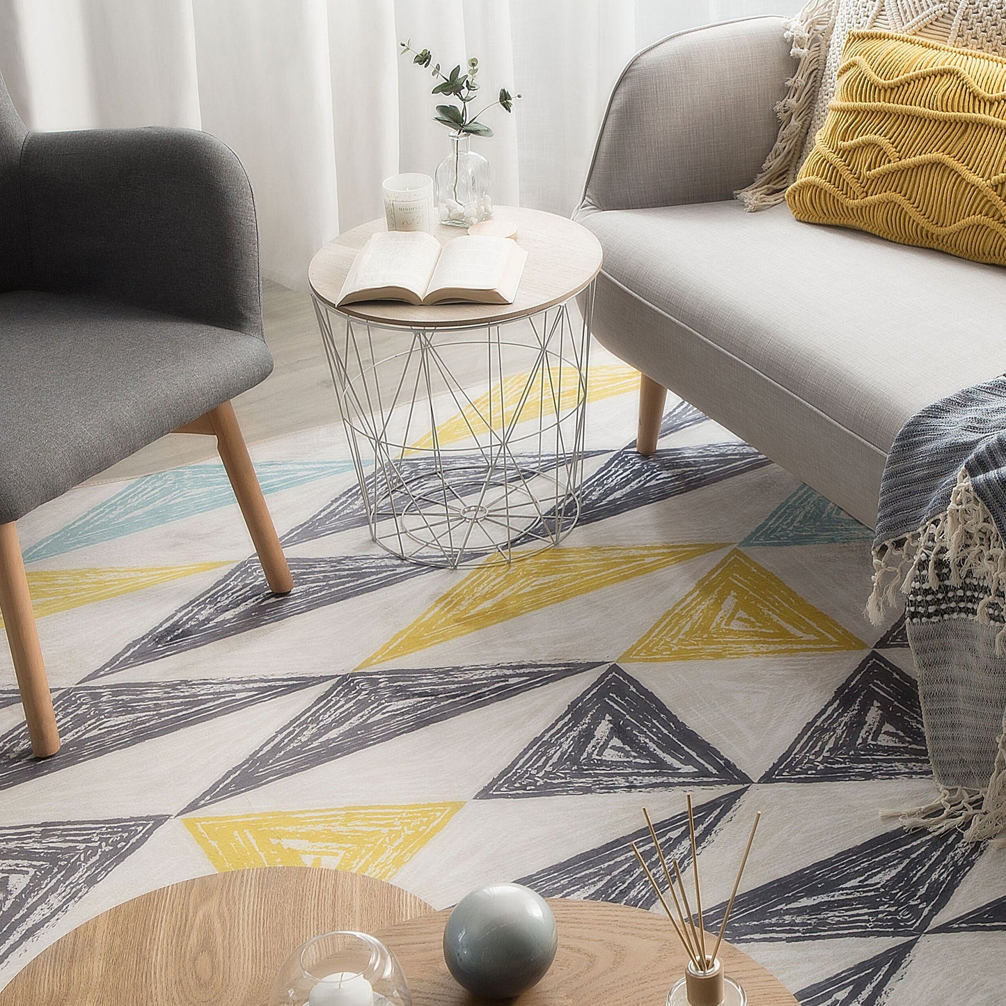 Name Grey Yellow Printed Geometric Area Rug 160 x 230 Low Pile