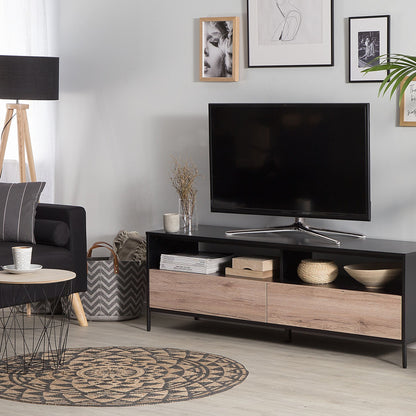 Nordic Wood TV Stand With Black Frame For 70 Inch TV, 2 Drawers