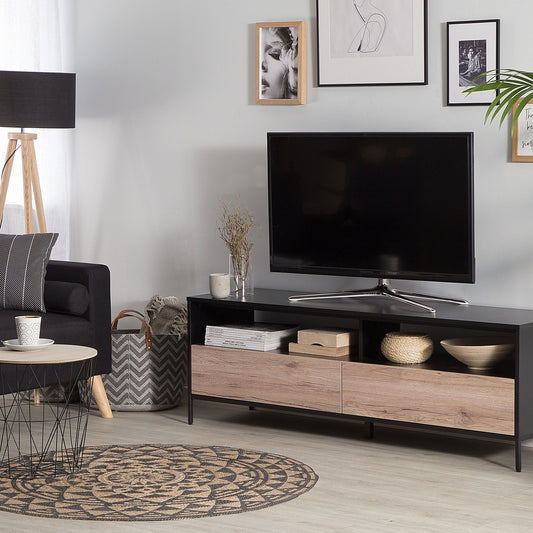 Nordic Wood TV Stand With Black Frame For 70 Inch TV, 2 Drawers