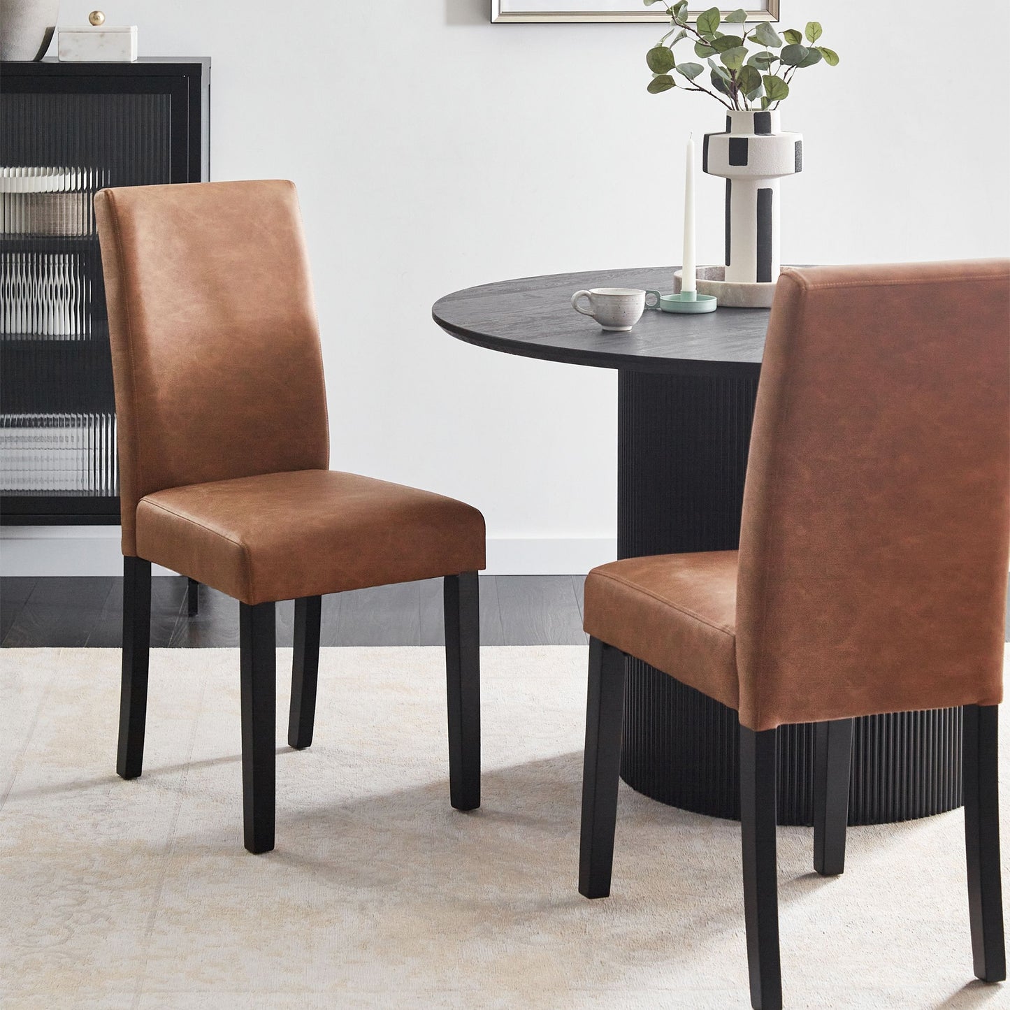 Brown Faux Leather Dining Chairs Set Of 2 Wooden Legs