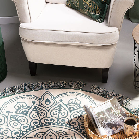 IRICE Round Cream Cotton Area Rug 120cm Mandala Pattern