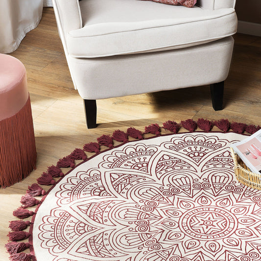 Ayakli Cotton Round Oriental Area Rug Red 120cm Mandala Inspired Pattern for Living Room
